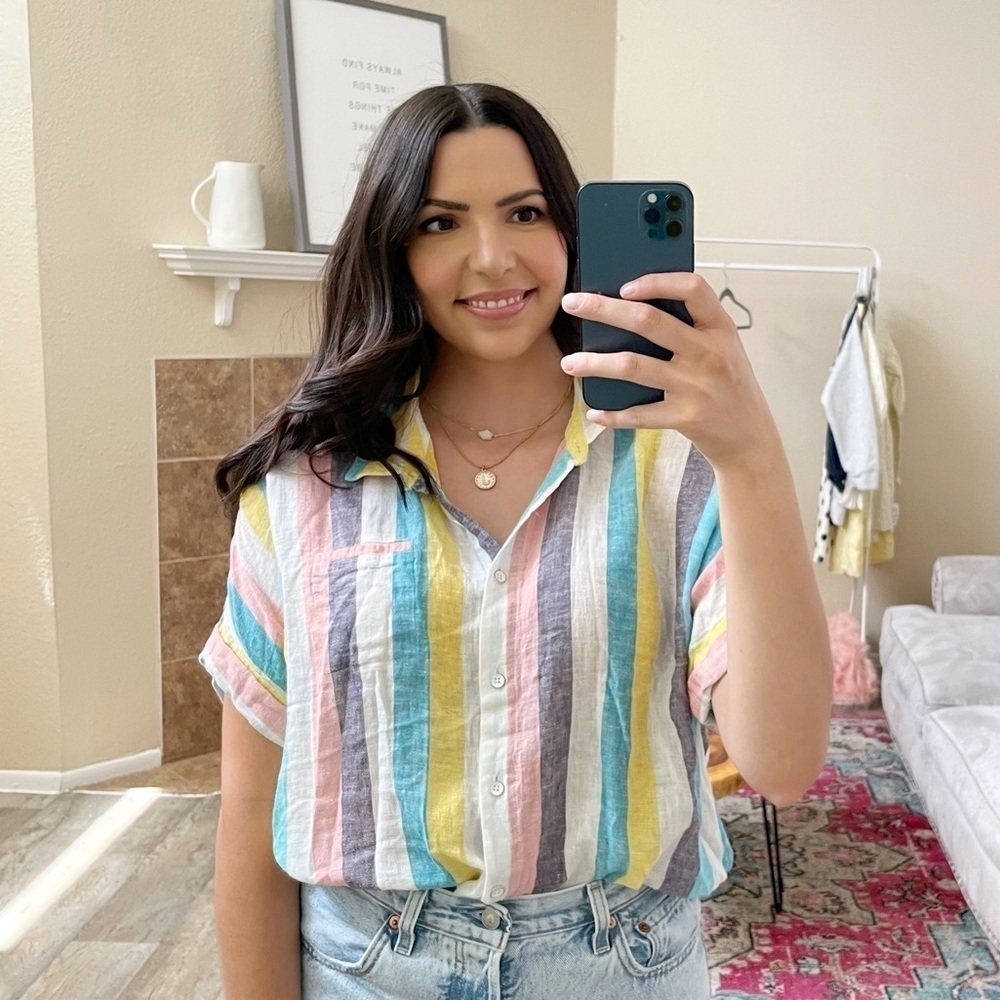 Splendid x Gray Malin Stripe Linen button short sleeve top